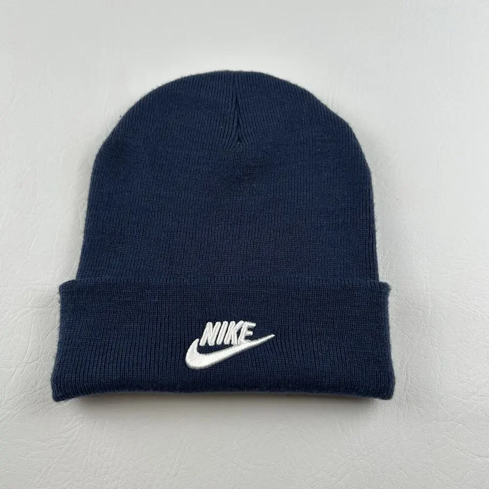 Nike Navy Cuffed Beanie Hat Embroidered Logo One Size Unisex Adult Knit